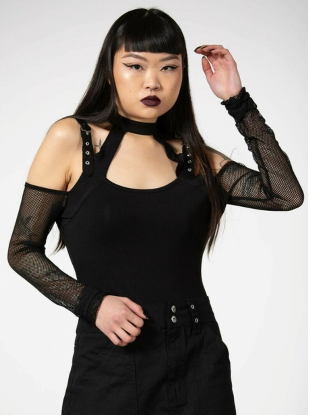 Killstar Black Cold-Shoulder Tank with Mesh Sleeves